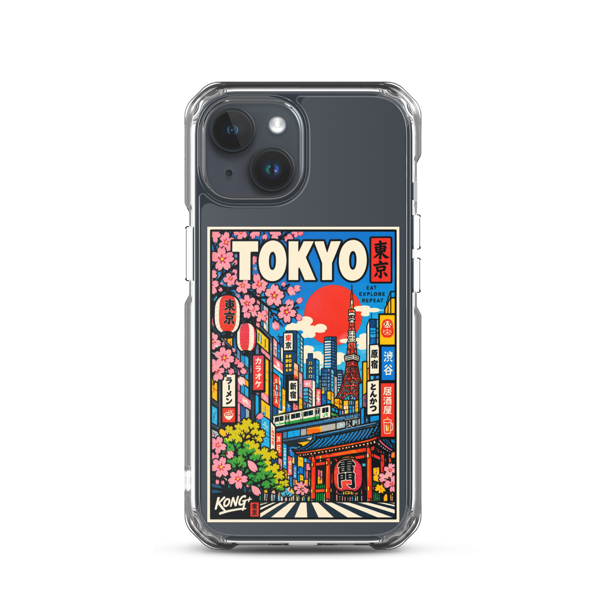 KONG+ Tokyo Japanese city pop art design on a clear iPhone case, featuring Tokyo Tower, cherry blossoms, colourful city buildings and traditional Japanese architecture.