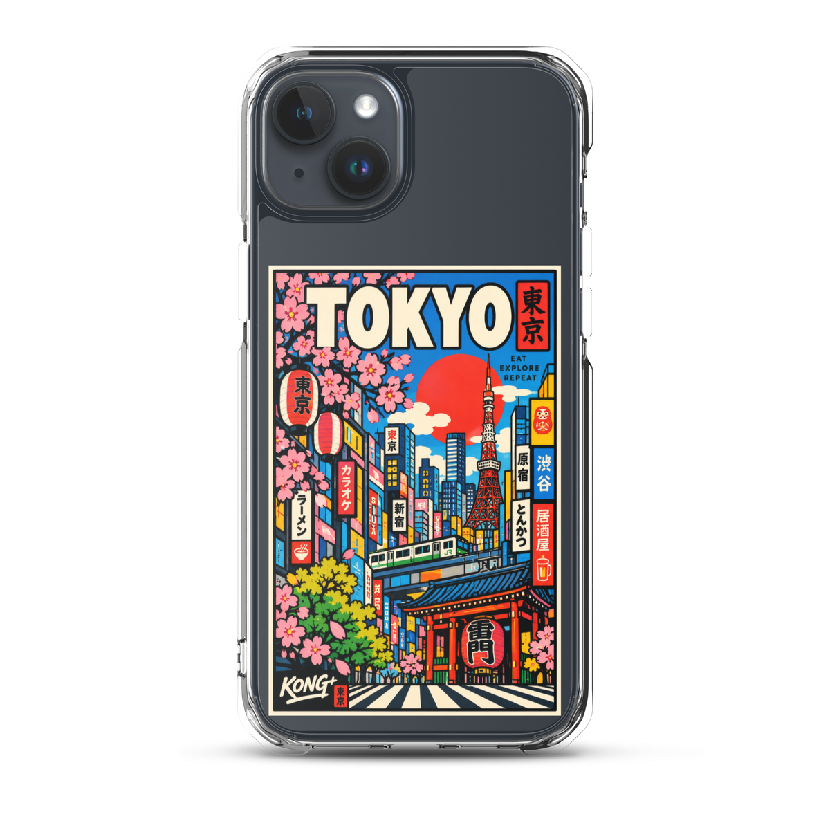 KONG+ Tokyo Japanese city pop art design on a clear iPhone case, featuring Tokyo Tower, cherry blossoms, colourful city buildings and traditional Japanese architecture.