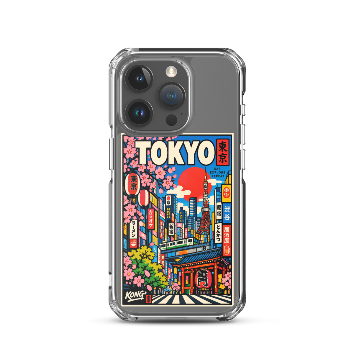 KONG+ Tokyo Japanese city pop art design on a clear iPhone case, featuring Tokyo Tower, cherry blossoms, colourful city buildings and traditional Japanese architecture.