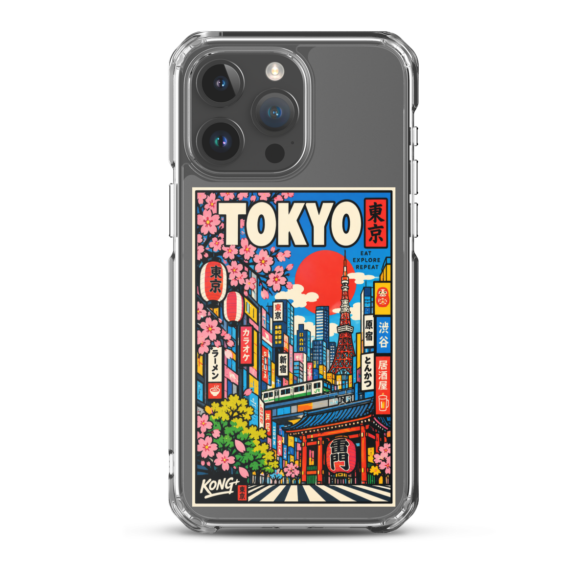 KONG+ Tokyo Japanese city pop art design on a clear iPhone case, featuring Tokyo Tower, cherry blossoms, colourful city buildings and traditional Japanese architecture.