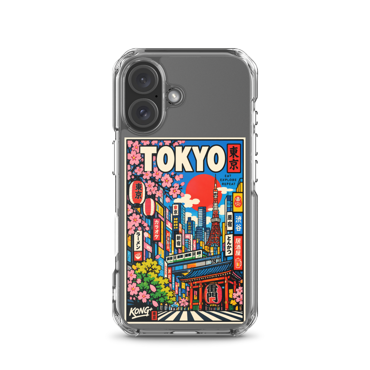 KONG+ Tokyo Japanese city pop art design on a clear iPhone case, featuring Tokyo Tower, cherry blossoms, colourful city buildings and traditional Japanese architecture.