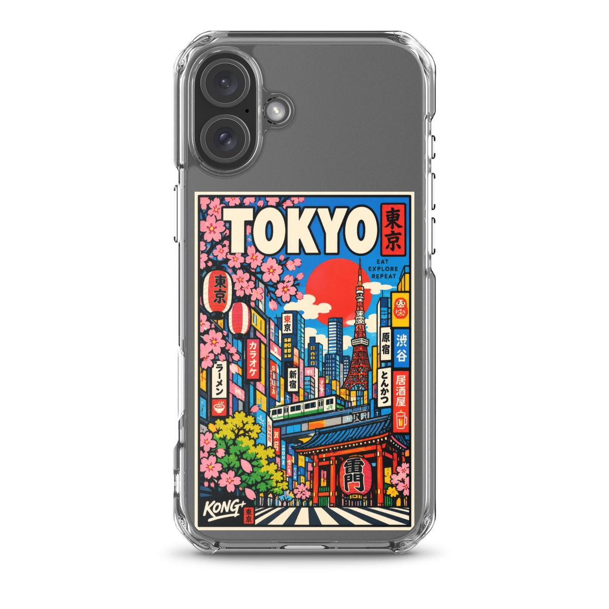KONG+ Tokyo Japanese city pop art design on a clear iPhone case, featuring Tokyo Tower, cherry blossoms, colourful city buildings and traditional Japanese architecture.