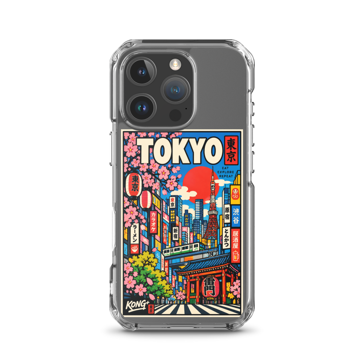 KONG+ Tokyo Japanese city pop art design on a clear iPhone case, featuring Tokyo Tower, cherry blossoms, colourful city buildings and traditional Japanese architecture.
