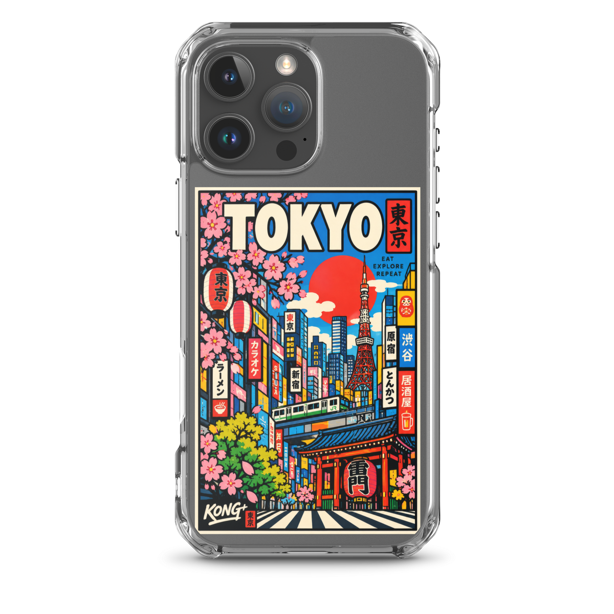 KONG+ Tokyo Japanese city pop art design on a clear iPhone case, featuring Tokyo Tower, cherry blossoms, colourful city buildings and traditional Japanese architecture.