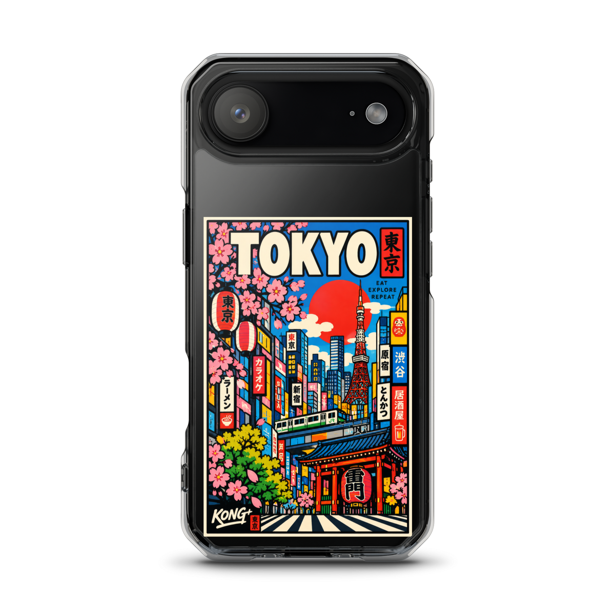 KONG+ Tokyo Japanese city pop art design on a clear iPhone case, featuring Tokyo Tower, cherry blossoms, colourful city buildings and traditional Japanese architecture.