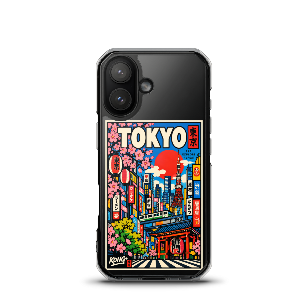 KONG+ Tokyo Japanese city pop art design on a clear iPhone case, featuring Tokyo Tower, cherry blossoms, colourful city buildings and traditional Japanese architecture.
