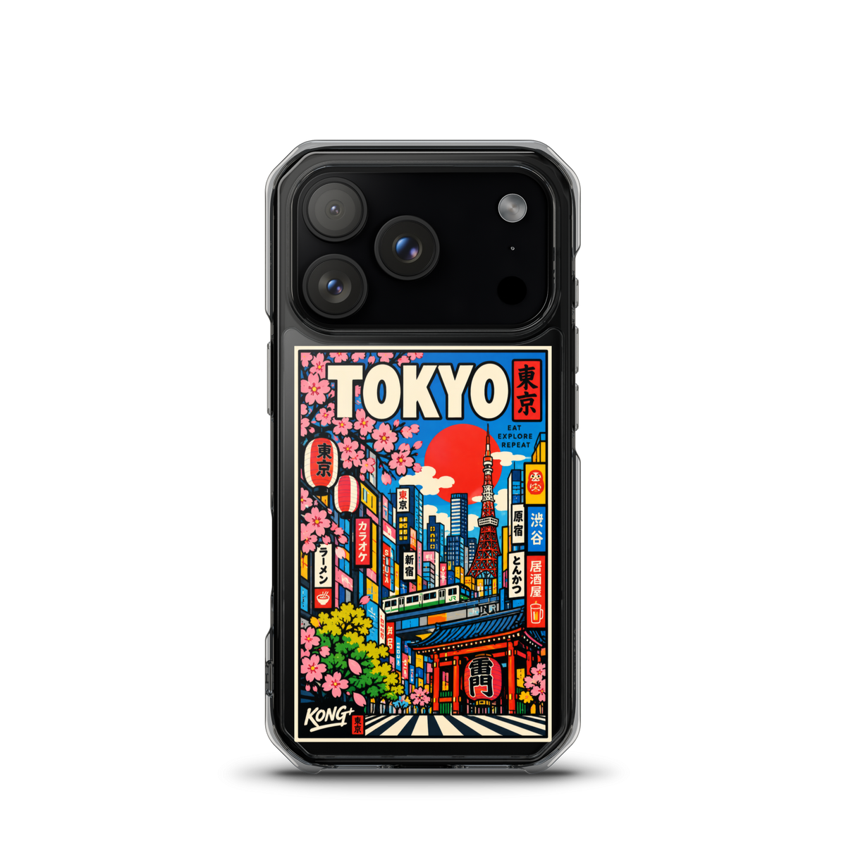 KONG+ Tokyo Japanese city pop art design on a clear iPhone case, featuring Tokyo Tower, cherry blossoms, colourful city buildings and traditional Japanese architecture.