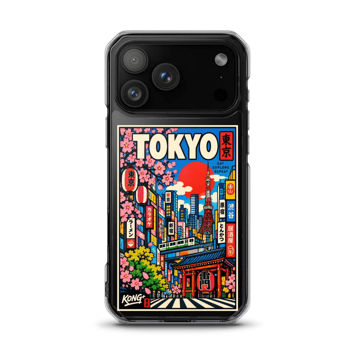 KONG+ Tokyo Japanese city pop art design on a clear iPhone case, featuring Tokyo Tower, cherry blossoms, colourful city buildings and traditional Japanese architecture.