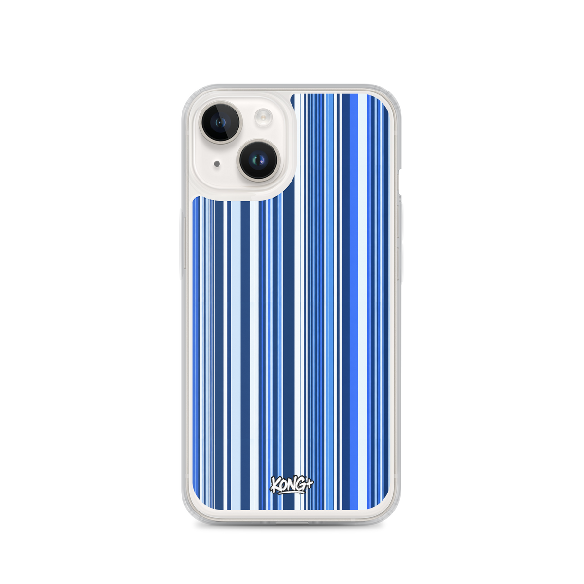 KONG+ Blue Rhythm iPhone case featuring navy, electric blue and white vertical stripes with a clear protective edge