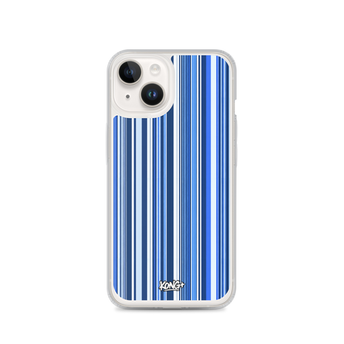 KONG+ Blue Rhythm iPhone case featuring navy, electric blue and white vertical stripes with a clear protective edge