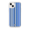 KONG+ Blue Rhythm iPhone case featuring navy, electric blue and white vertical stripes with a clear protective edge