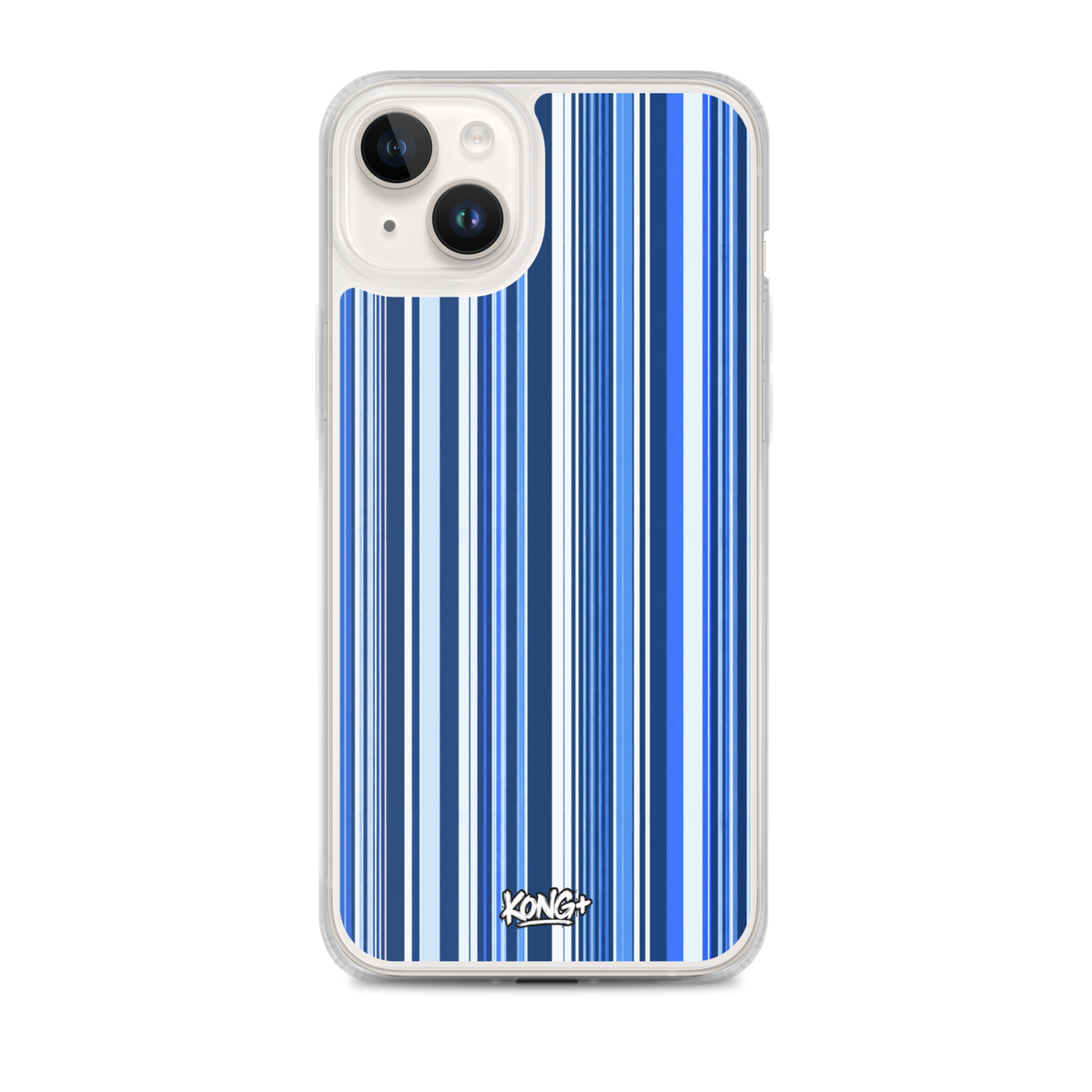 KONG+ Blue Rhythm iPhone case featuring navy, electric blue and white vertical stripes with a clear protective edge
