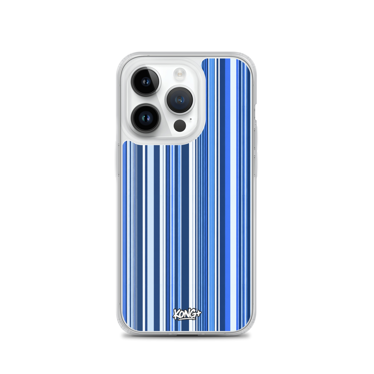 KONG+ Blue Rhythm iPhone case featuring navy, electric blue and white vertical stripes with a clear protective edge