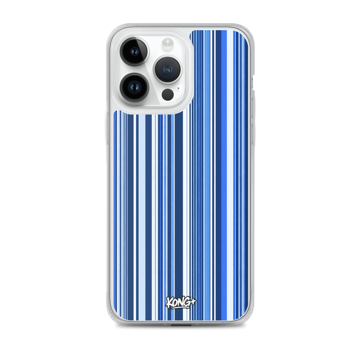 KONG+ Blue Rhythm iPhone case featuring navy, electric blue and white vertical stripes with a clear protective edge