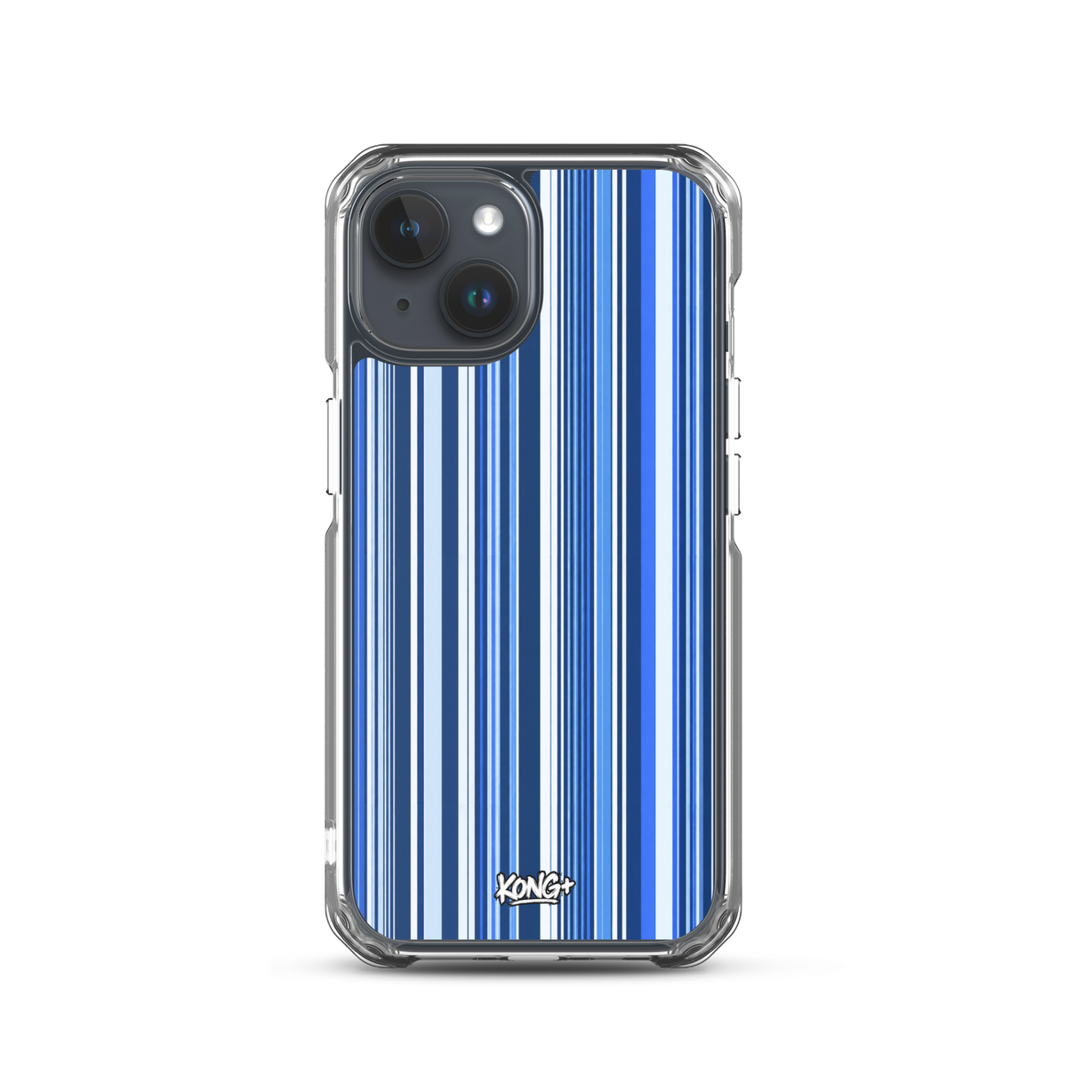 KONG+ Blue Rhythm iPhone case featuring navy, electric blue and white vertical stripes with a clear protective edge