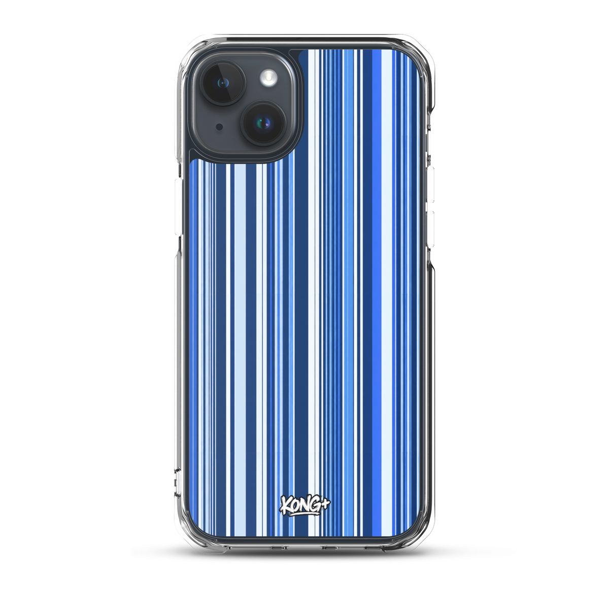 KONG+ Blue Rhythm iPhone case featuring navy, electric blue and white vertical stripes with a clear protective edge