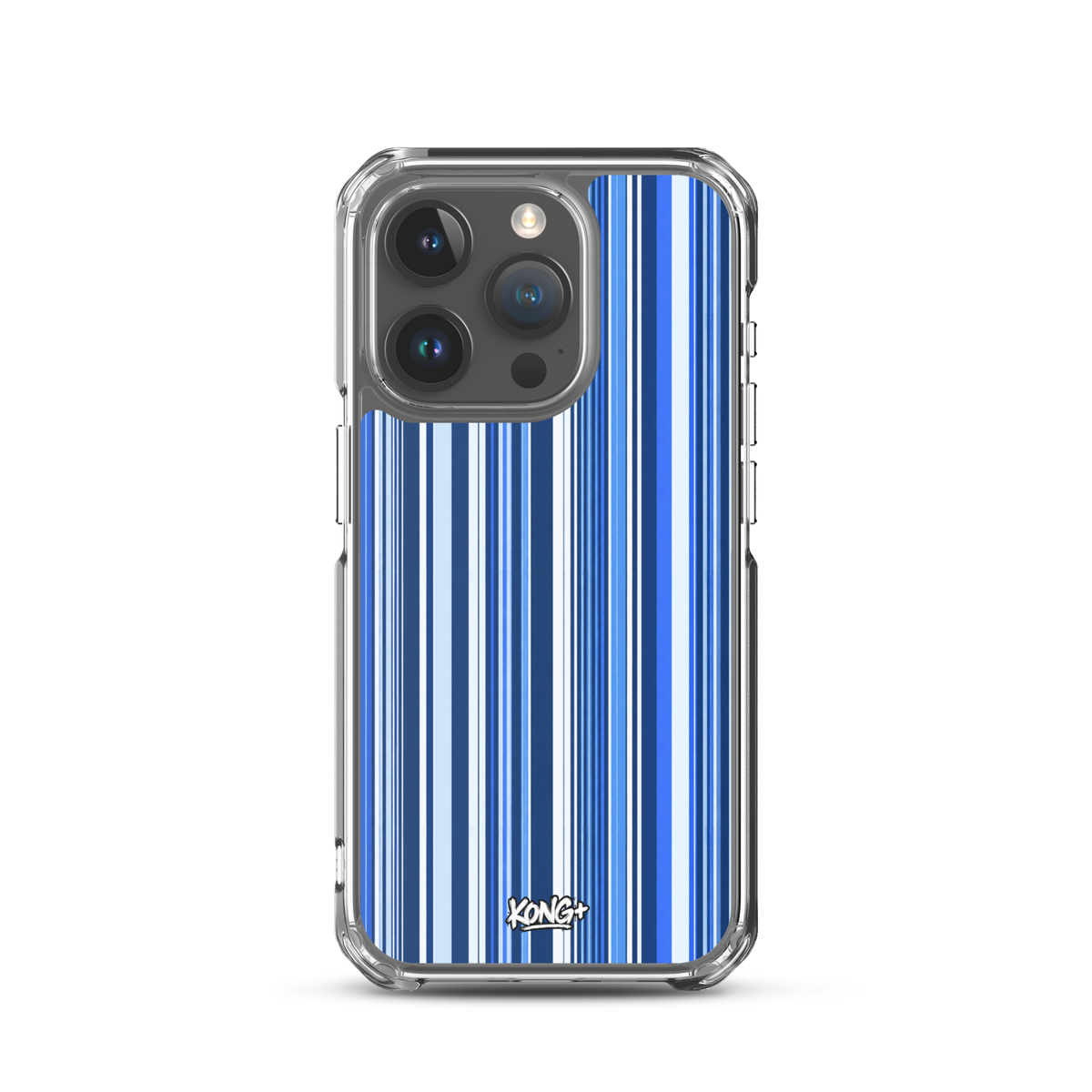 KONG+ Blue Rhythm iPhone case featuring navy, electric blue and white vertical stripes with a clear protective edge