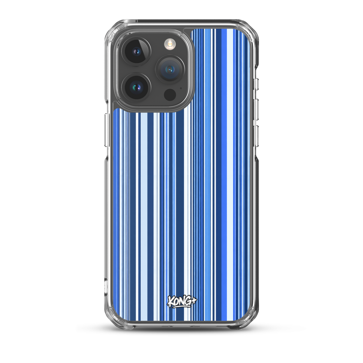 KONG+ Blue Rhythm iPhone case featuring navy, electric blue and white vertical stripes with a clear protective edge