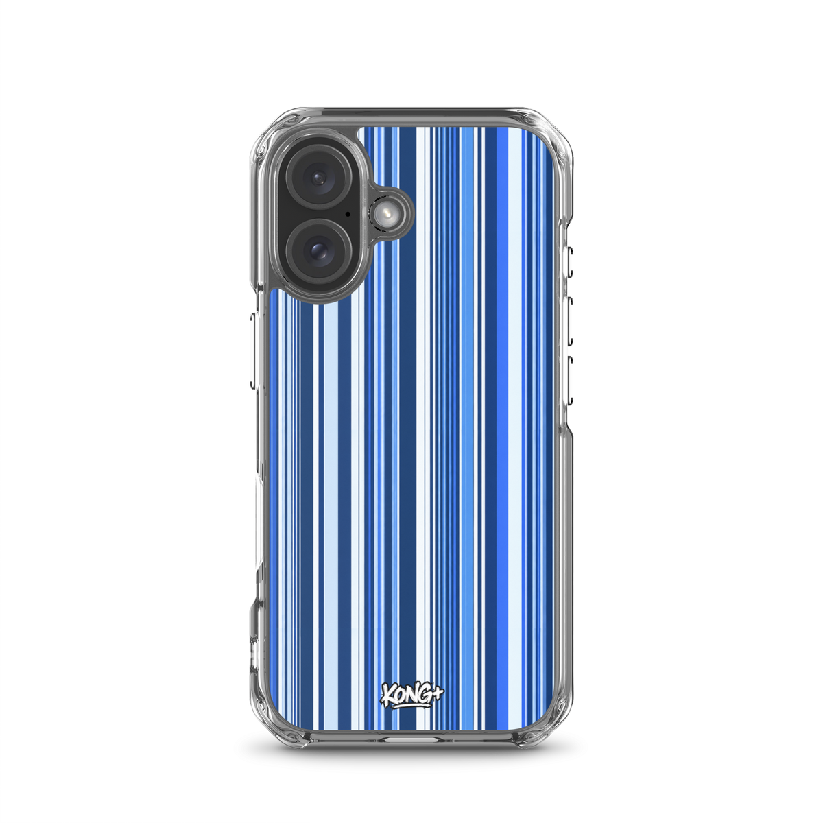 KONG+ Blue Rhythm iPhone case featuring navy, electric blue and white vertical stripes with a clear protective edge