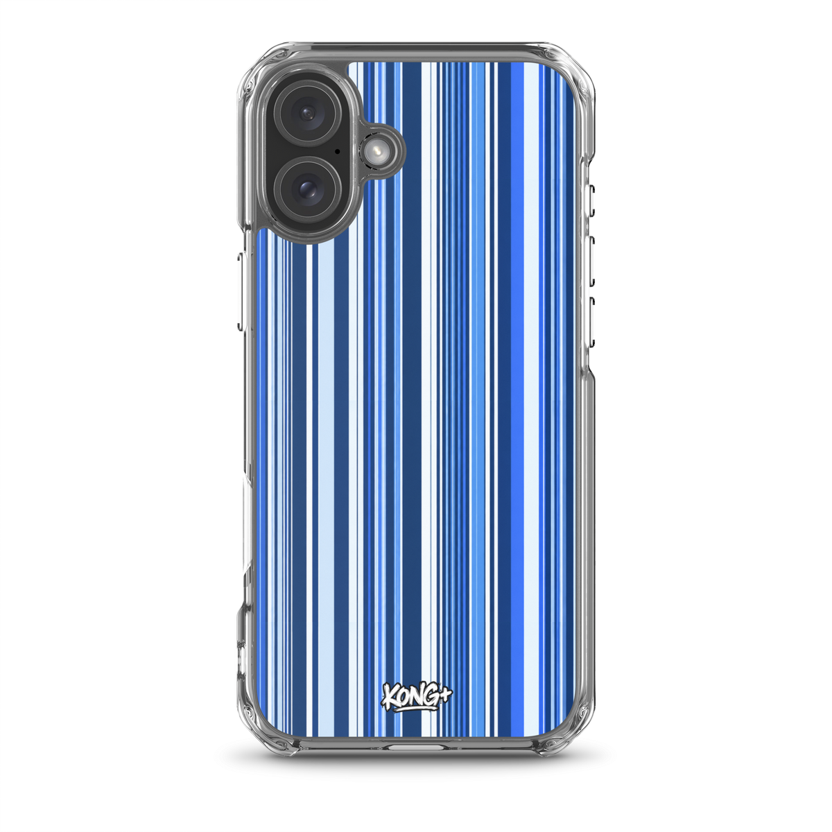 KONG+ Blue Rhythm iPhone case featuring navy, electric blue and white vertical stripes with a clear protective edge