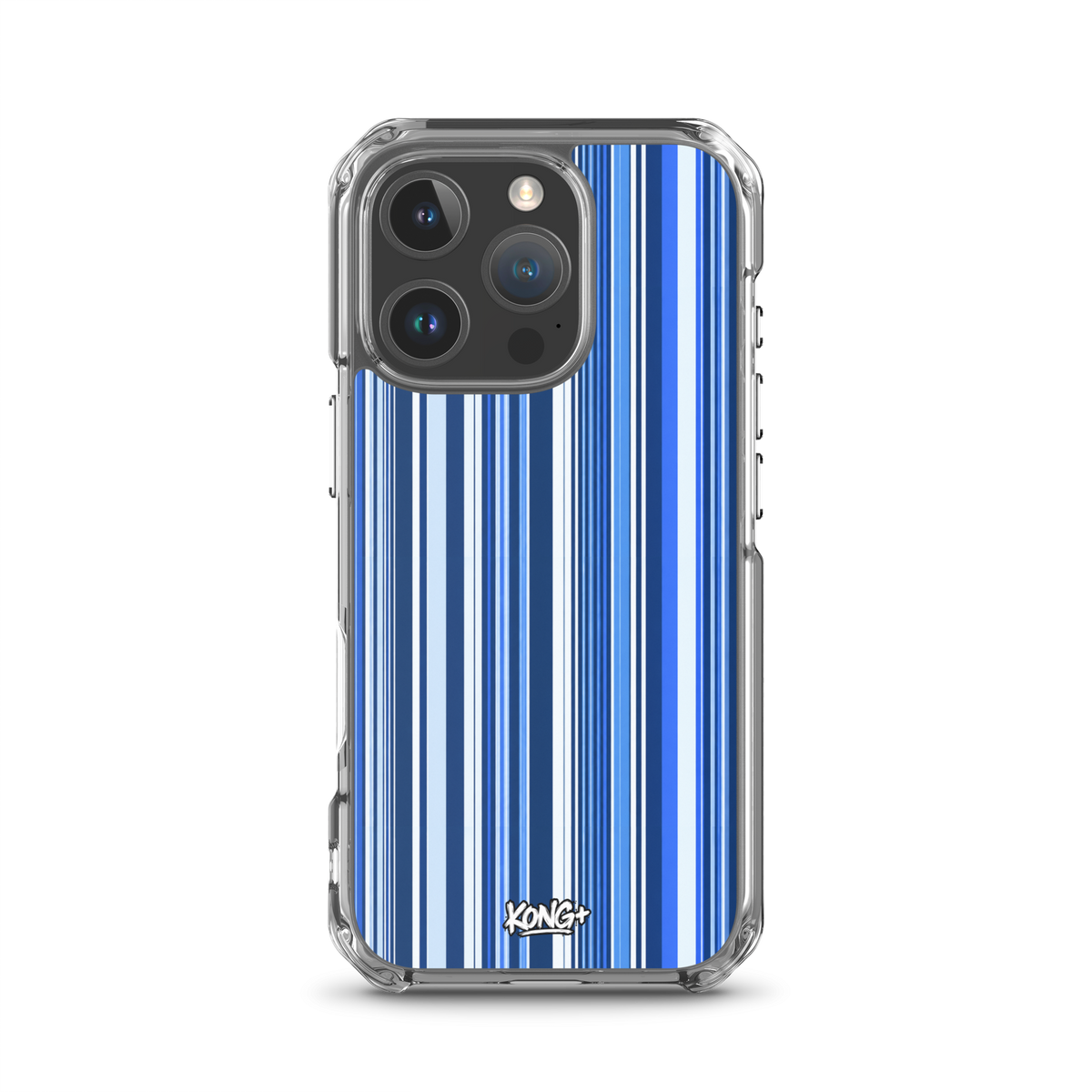 KONG+ Blue Rhythm iPhone case featuring navy, electric blue and white vertical stripes with a clear protective edge