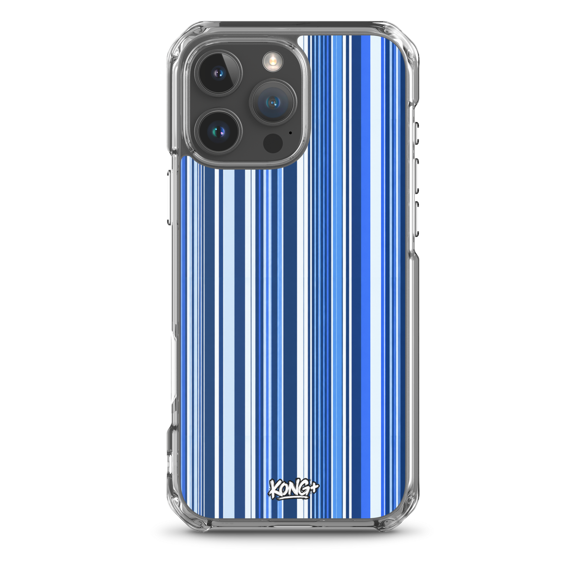 KONG+ Blue Rhythm iPhone case featuring navy, electric blue and white vertical stripes with a clear protective edge