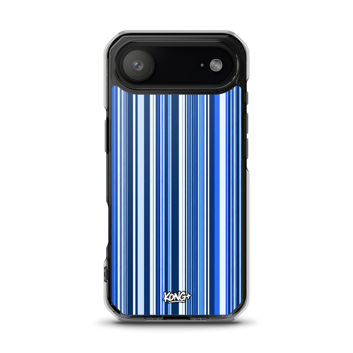 KONG+ Blue Rhythm iPhone case featuring navy, electric blue and white vertical stripes with a clear protective edge