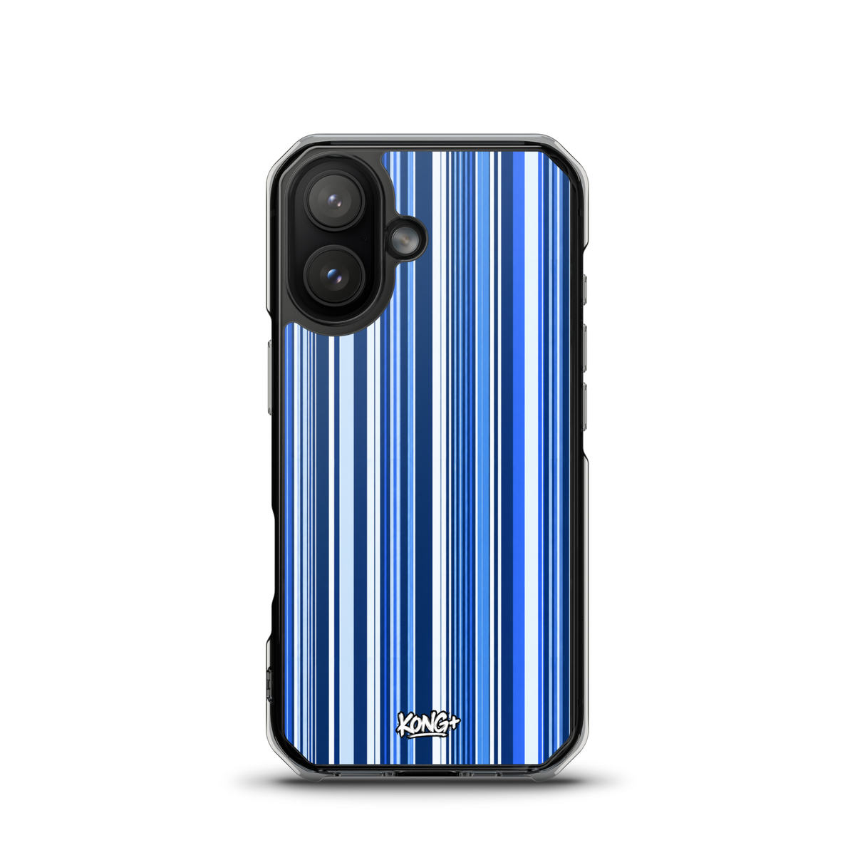 KONG+ Blue Rhythm iPhone case featuring navy, electric blue and white vertical stripes with a clear protective edge