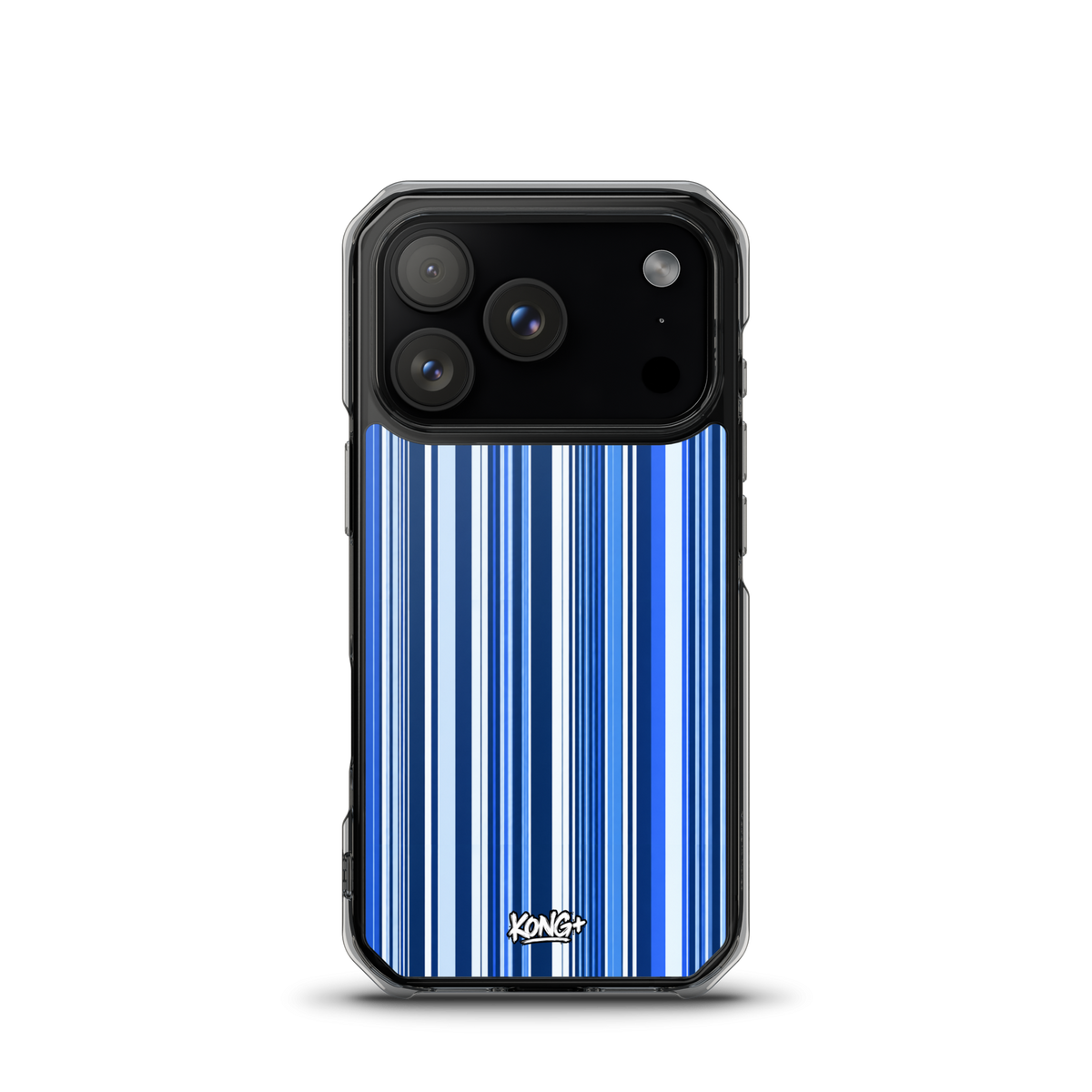 KONG+ Blue Rhythm iPhone case featuring navy, electric blue and white vertical stripes with a clear protective edge