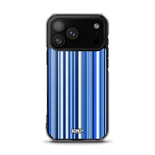 KONG+ Blue Rhythm iPhone case featuring navy, electric blue and white vertical stripes with a clear protective edge