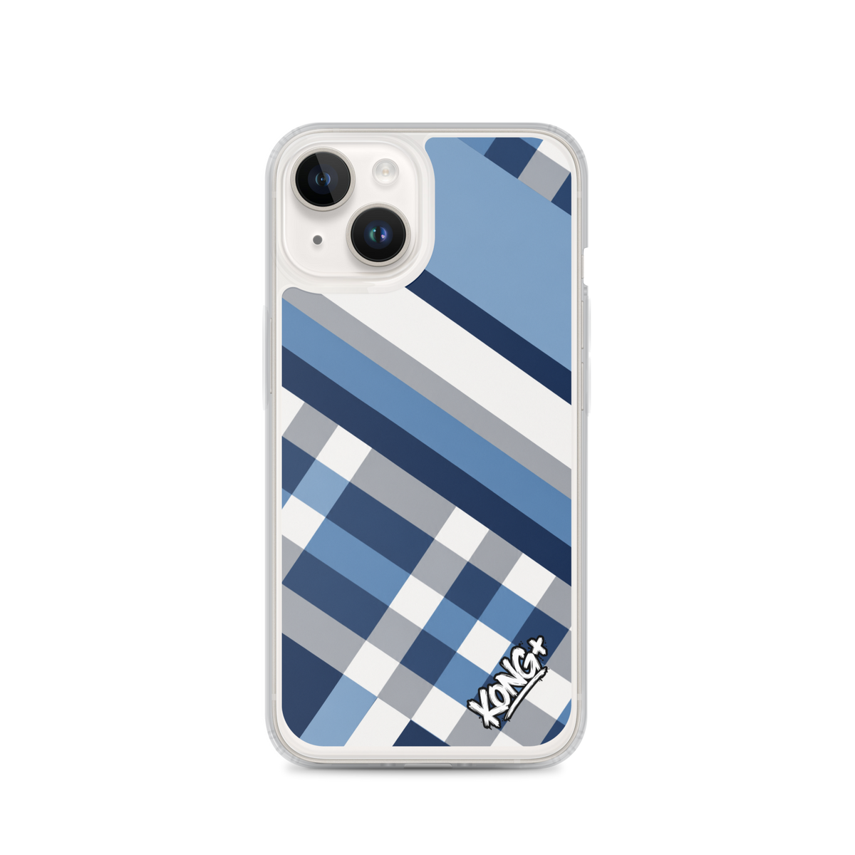 KONG+ Coastal Blue Plaid iPhone case featuring navy blue, sky blue, grey and white diagonal stripes with a modern geometric check pattern.