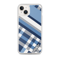 KONG+ Coastal Blue Plaid iPhone case featuring navy blue, sky blue, grey and white diagonal stripes with a modern geometric check pattern.