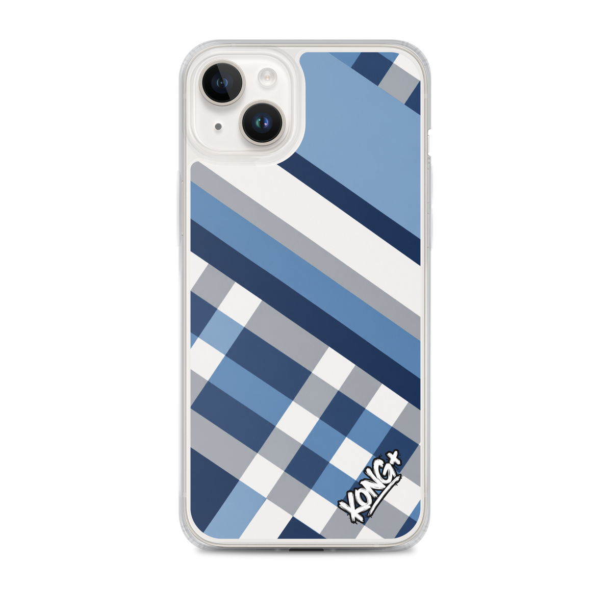 KONG+ Coastal Blue Plaid iPhone case featuring navy blue, sky blue, grey and white diagonal stripes with a modern geometric check pattern.