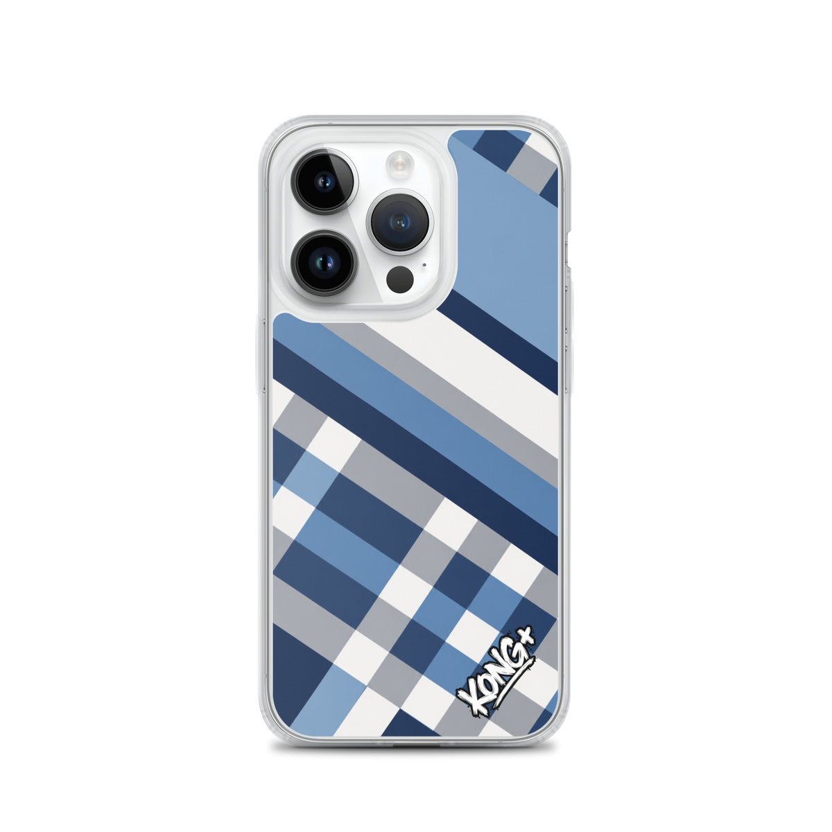 KONG+ Coastal Blue Plaid iPhone case featuring navy blue, sky blue, grey and white diagonal stripes with a modern geometric check pattern.