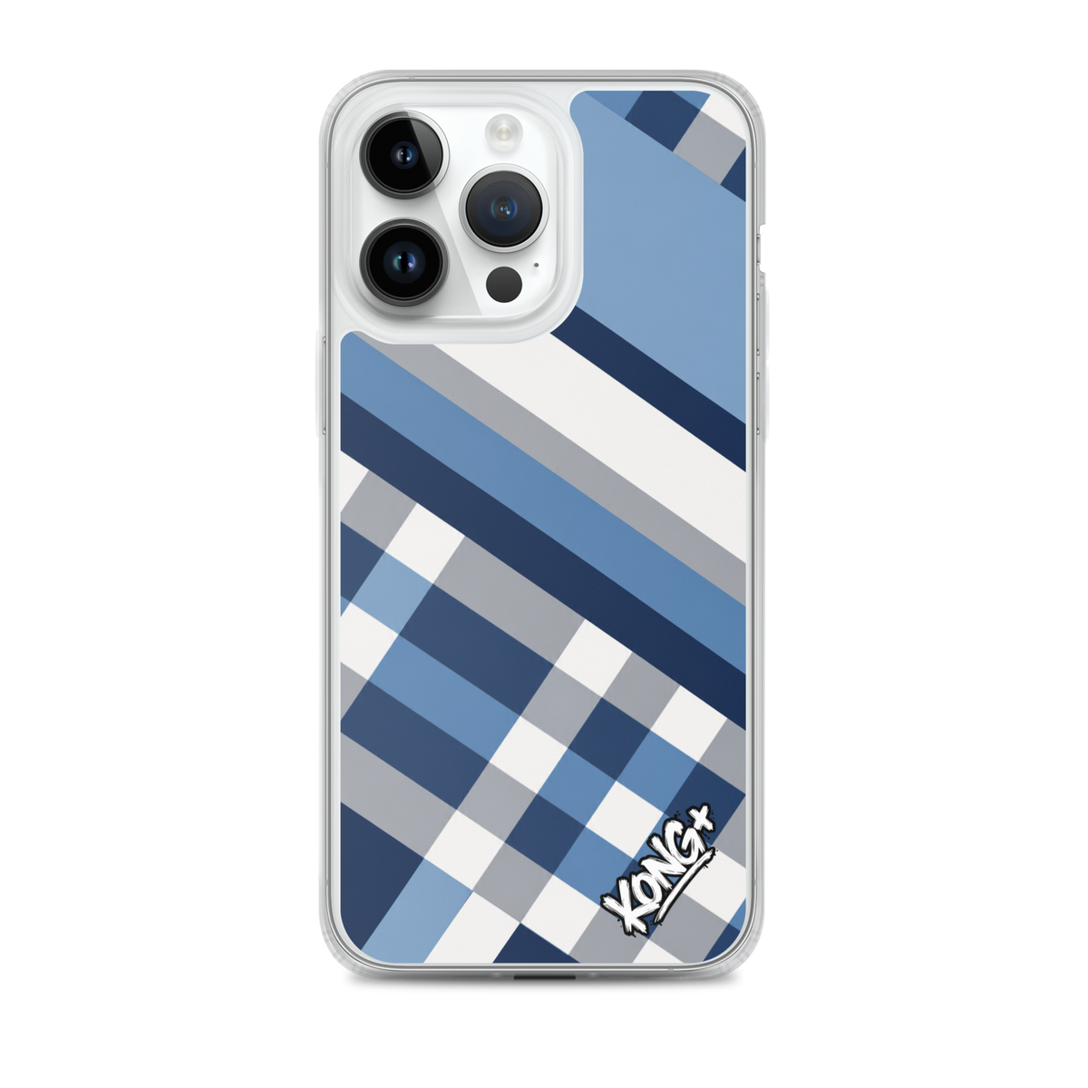 KONG+ Coastal Blue Plaid iPhone case featuring navy blue, sky blue, grey and white diagonal stripes with a modern geometric check pattern.