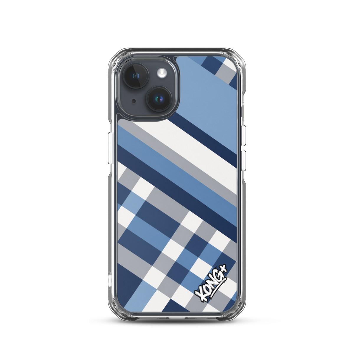 KONG+ Coastal Blue Plaid iPhone case featuring navy blue, sky blue, grey and white diagonal stripes with a modern geometric check pattern.