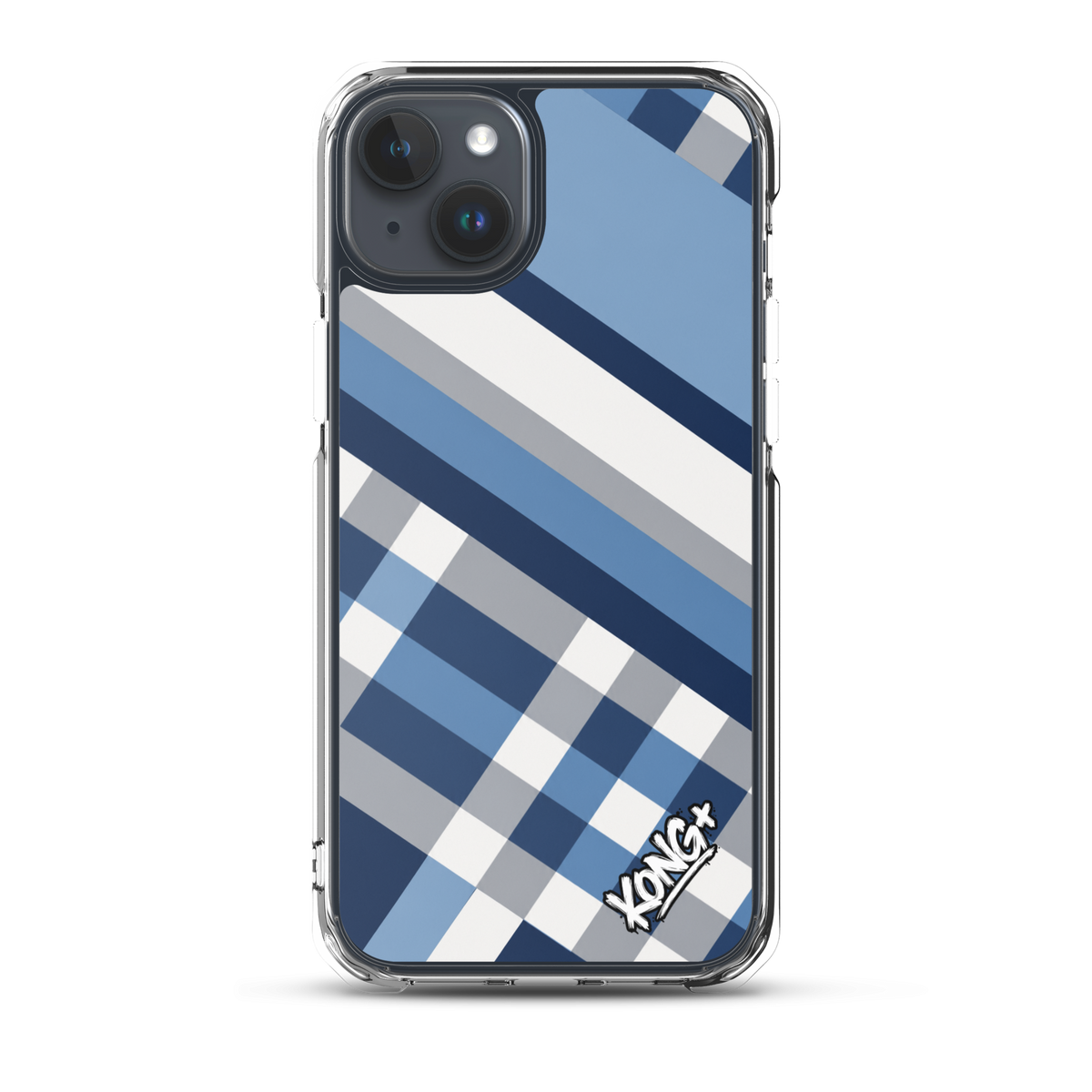 KONG+ Coastal Blue Plaid iPhone case featuring navy blue, sky blue, grey and white diagonal stripes with a modern geometric check pattern.