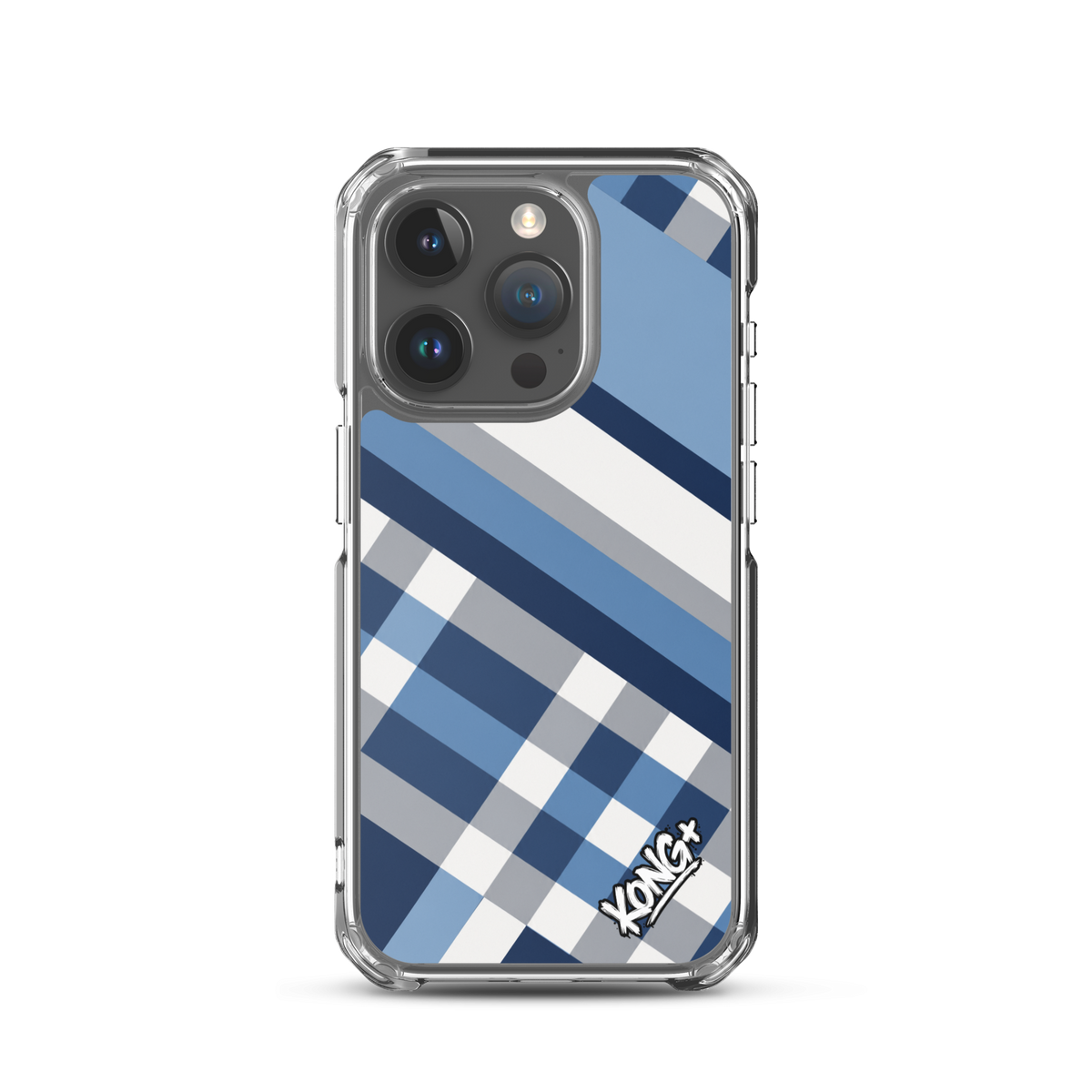 KONG+ Coastal Blue Plaid iPhone case featuring navy blue, sky blue, grey and white diagonal stripes with a modern geometric check pattern.
