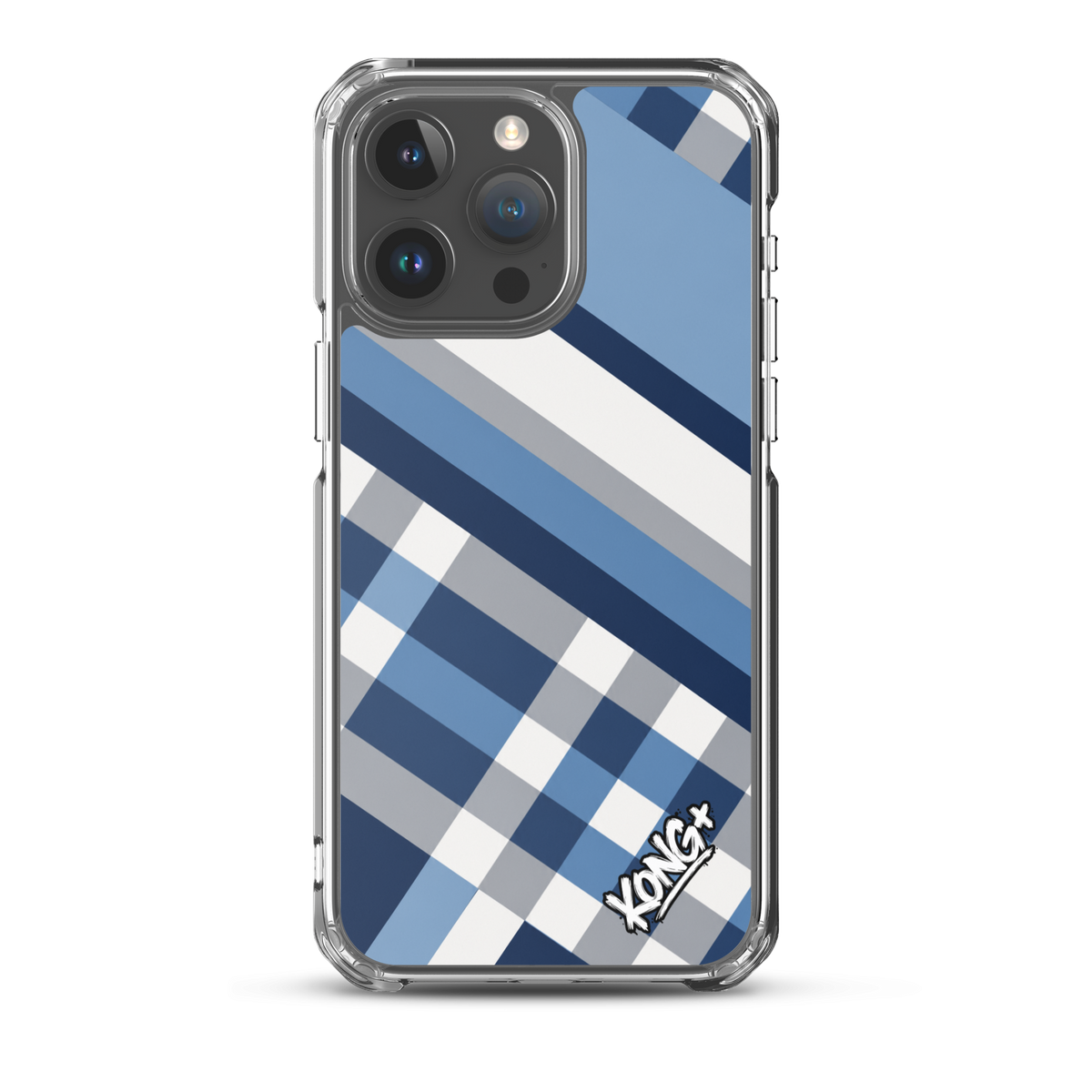 KONG+ Coastal Blue Plaid iPhone case featuring navy blue, sky blue, grey and white diagonal stripes with a modern geometric check pattern.