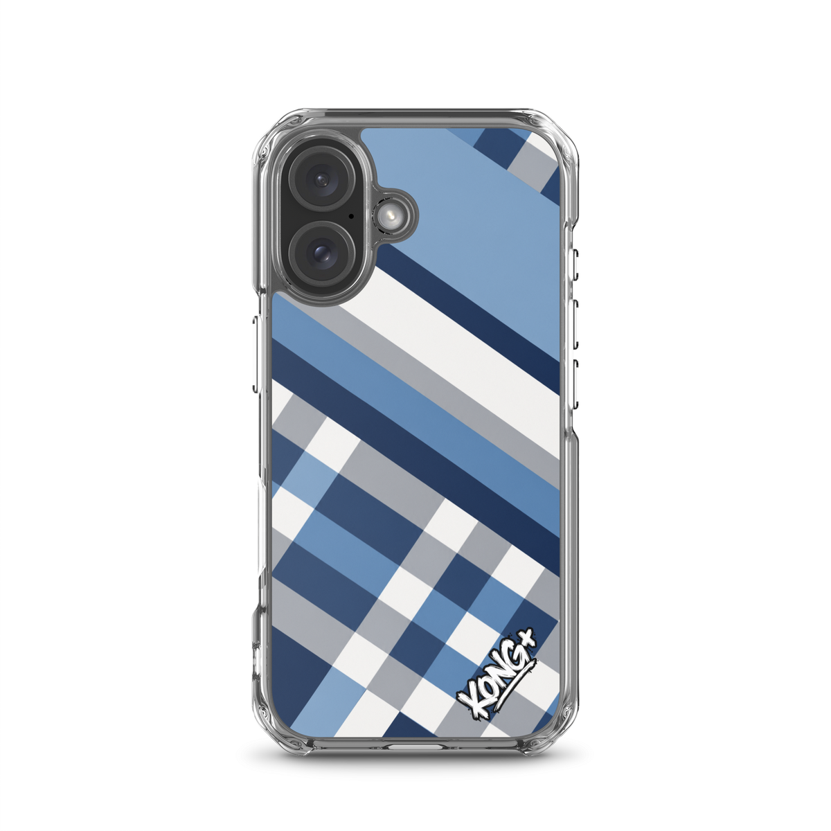 KONG+ Coastal Blue Plaid iPhone case featuring navy blue, sky blue, grey and white diagonal stripes with a modern geometric check pattern.