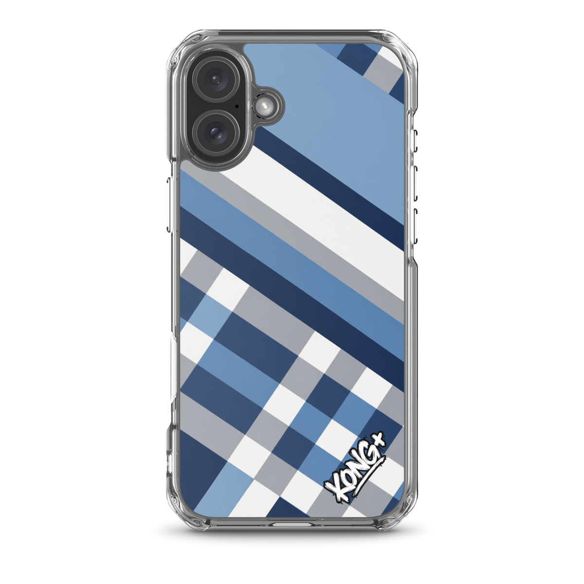 KONG+ Coastal Blue Plaid iPhone case featuring navy blue, sky blue, grey and white diagonal stripes with a modern geometric check pattern.