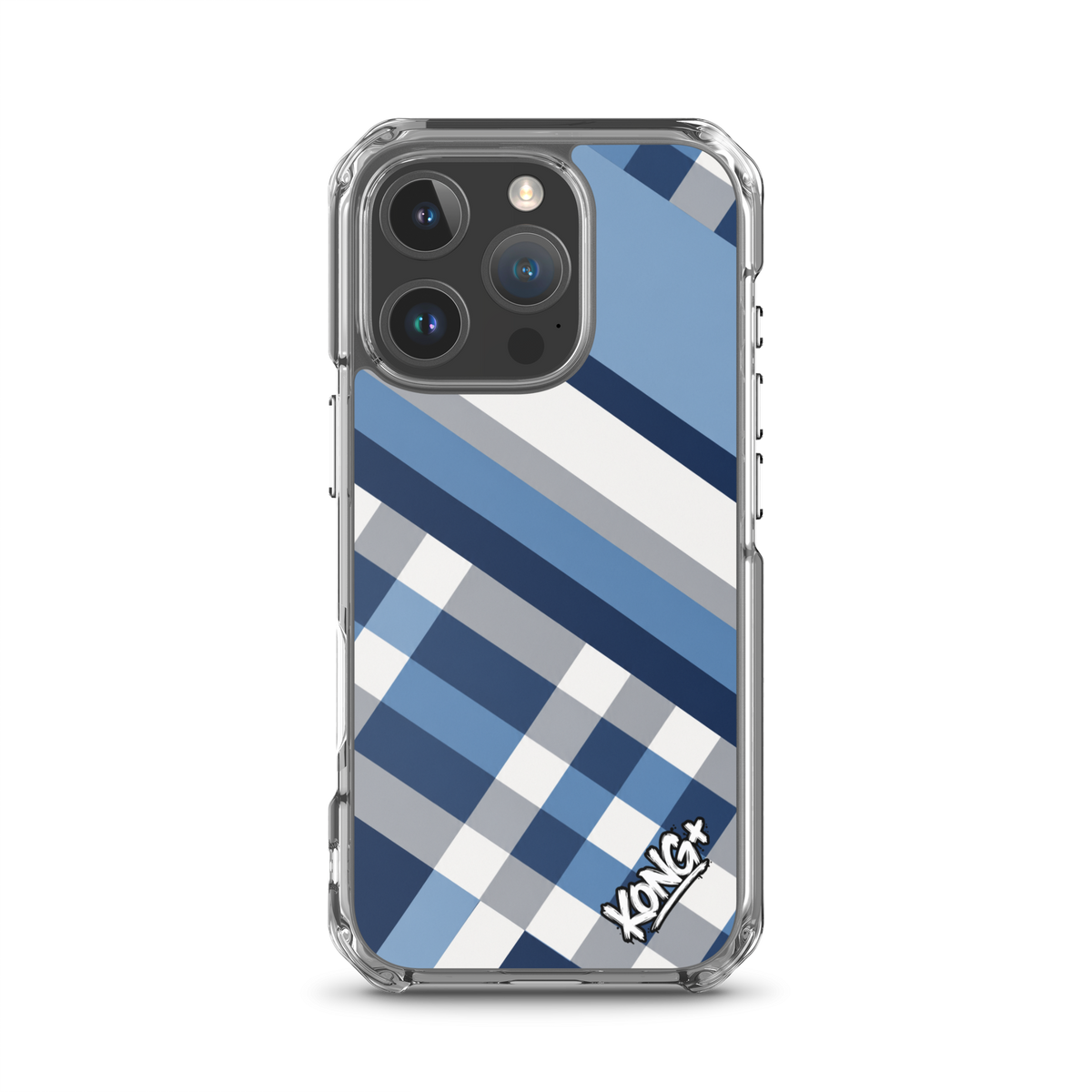 KONG+ Coastal Blue Plaid iPhone case featuring navy blue, sky blue, grey and white diagonal stripes with a modern geometric check pattern.