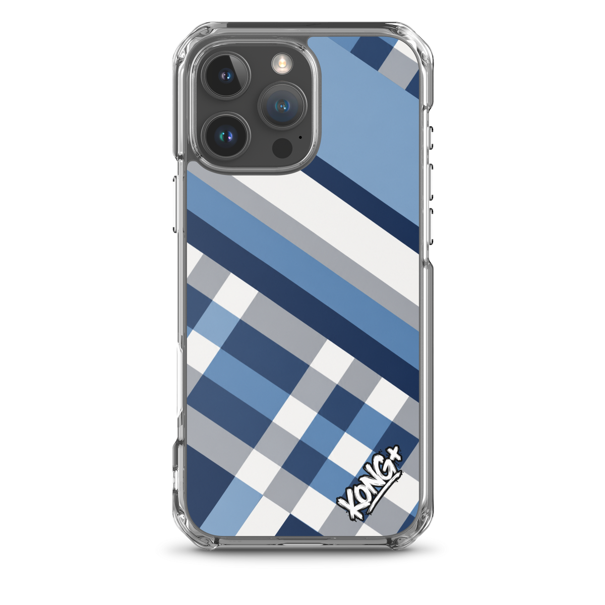 KONG+ Coastal Blue Plaid iPhone case featuring navy blue, sky blue, grey and white diagonal stripes with a modern geometric check pattern.