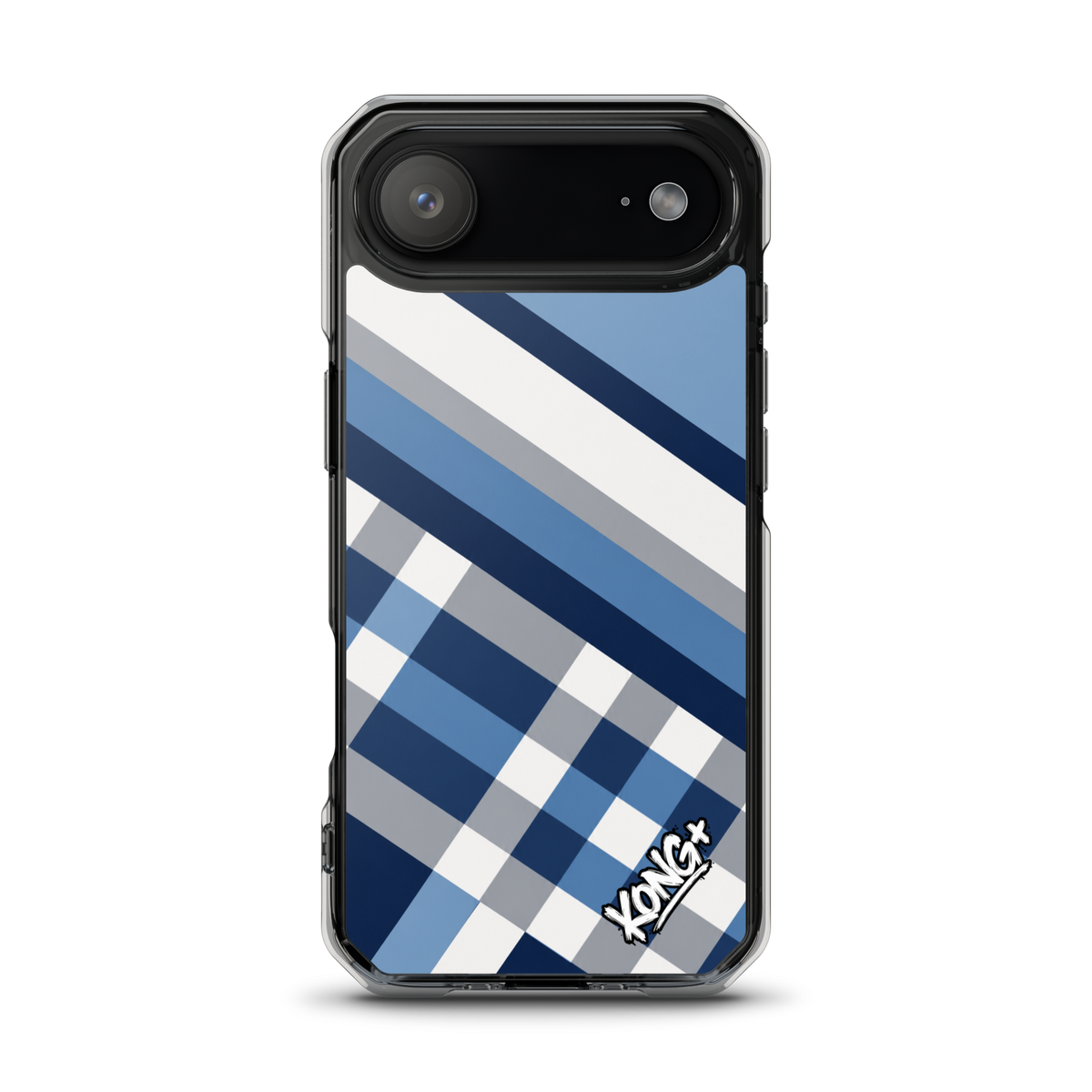 KONG+ Coastal Blue Plaid iPhone case featuring navy blue, sky blue, grey and white diagonal stripes with a modern geometric check pattern.