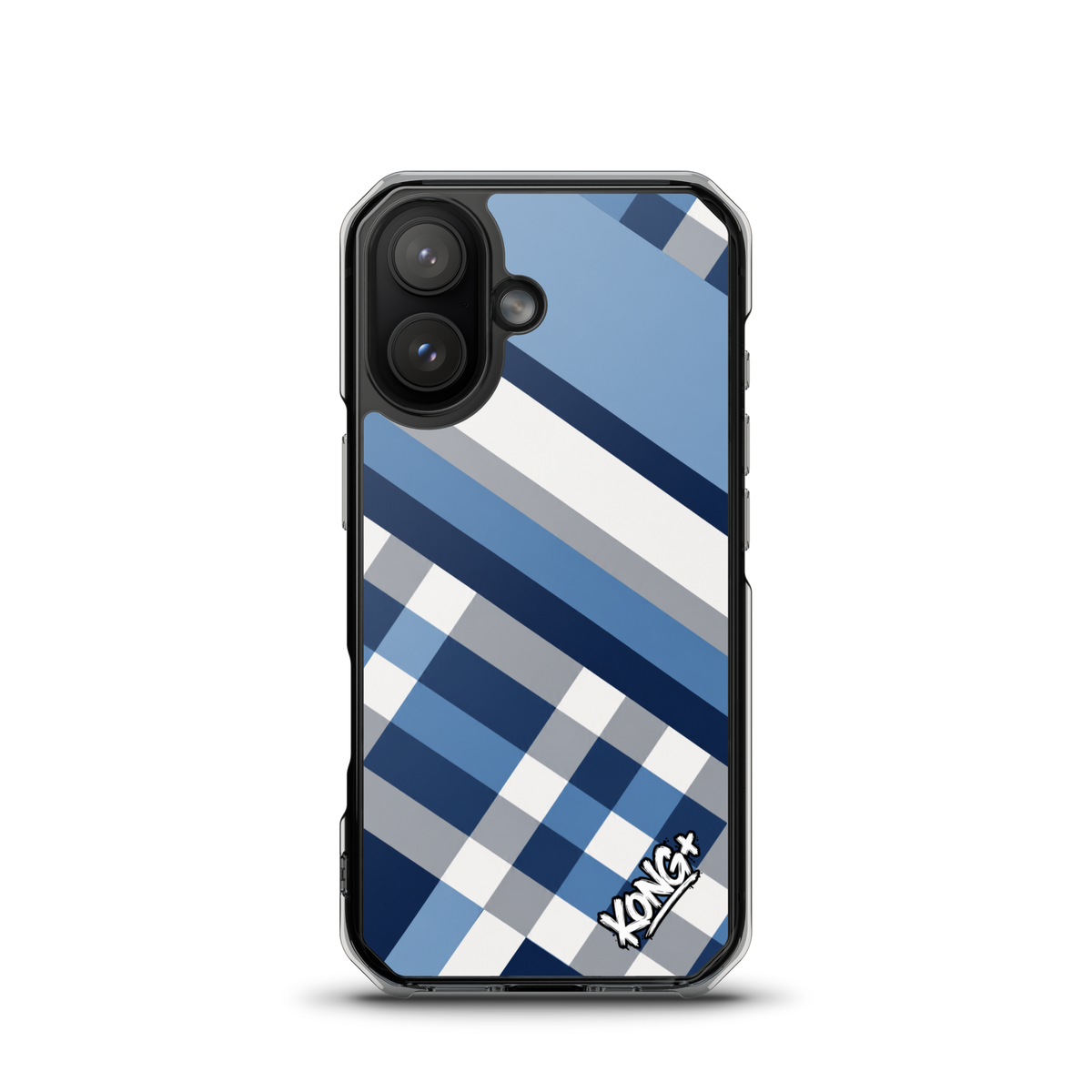 KONG+ Coastal Blue Plaid iPhone case featuring navy blue, sky blue, grey and white diagonal stripes with a modern geometric check pattern.