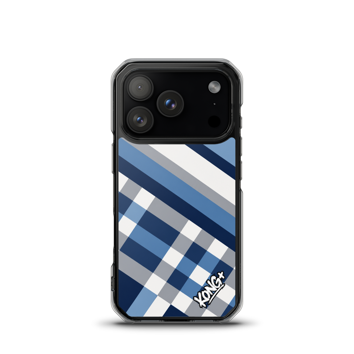 KONG+ Coastal Blue Plaid iPhone case featuring navy blue, sky blue, grey and white diagonal stripes with a modern geometric check pattern.