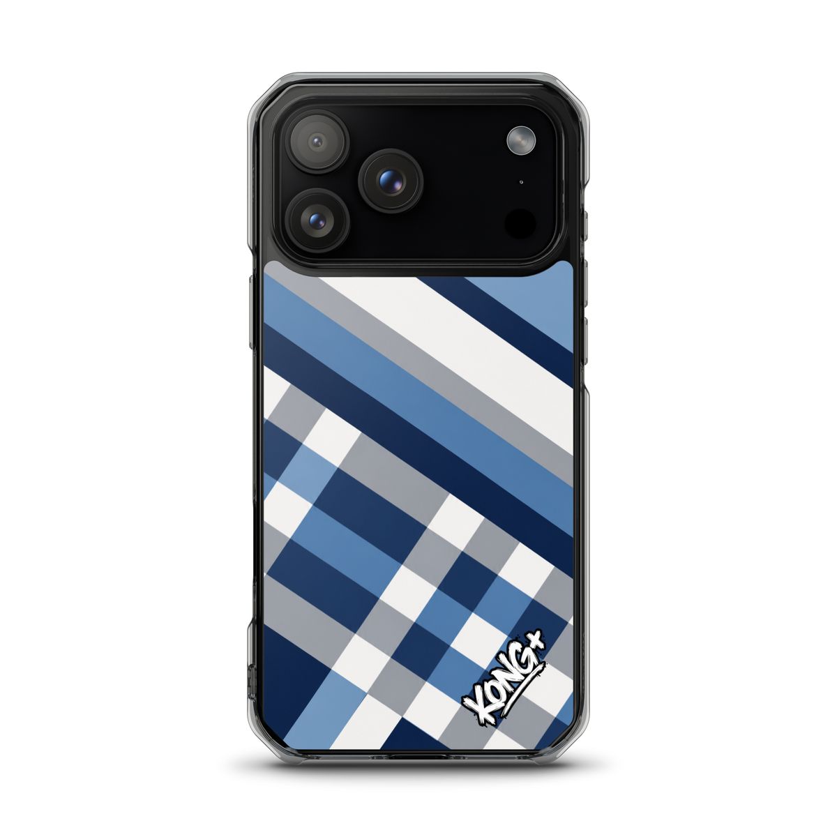 KONG+ Coastal Blue Plaid iPhone case featuring navy blue, sky blue, grey and white diagonal stripes with a modern geometric check pattern.