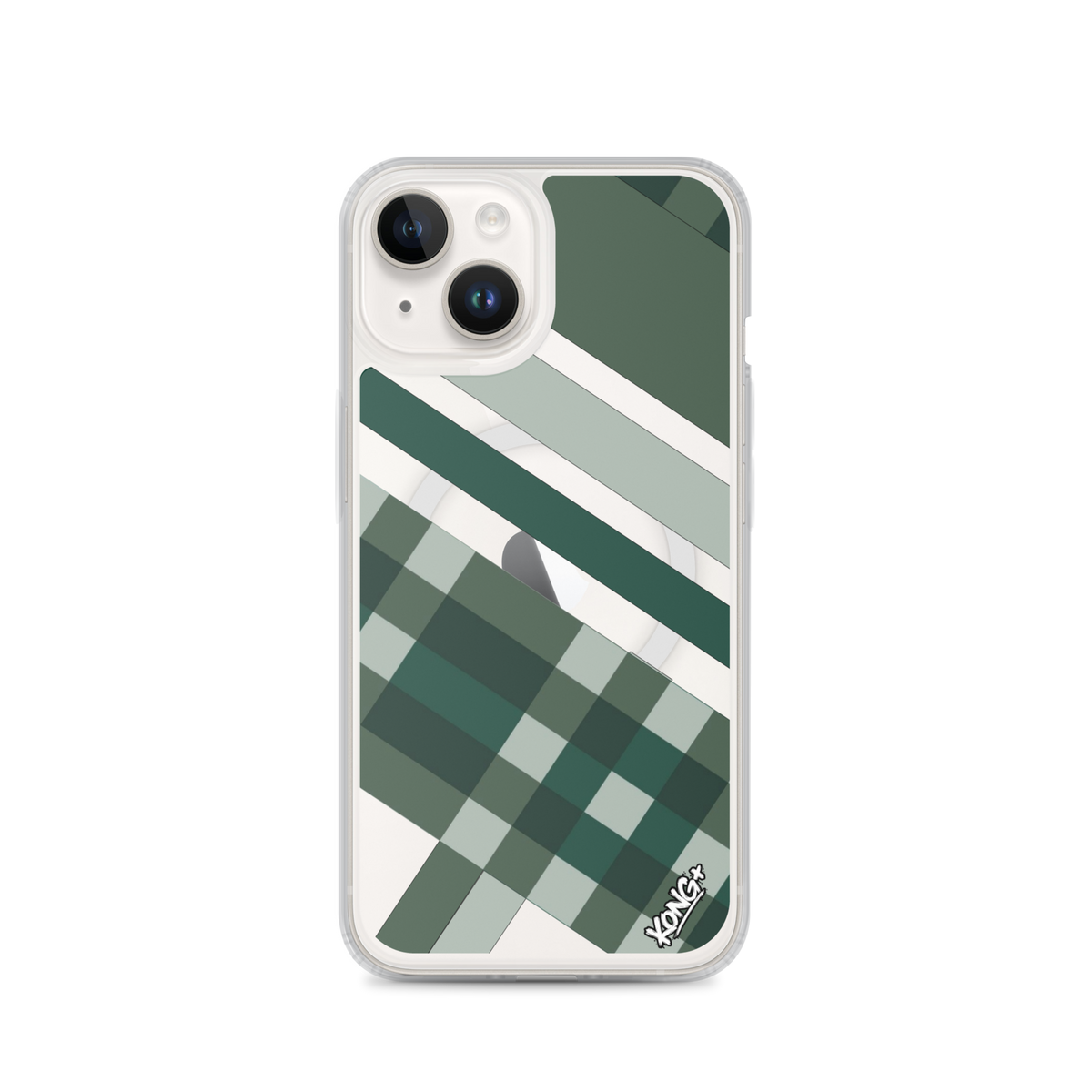 KONG+ Evergreen Plaid MagSafe iPhone case featuring forest green, sage, black and grey diagonal stripes with a geometric check pattern.