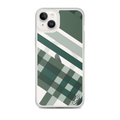 KONG+ Evergreen Plaid MagSafe iPhone case featuring forest green, sage, black and grey diagonal stripes with a geometric check pattern.