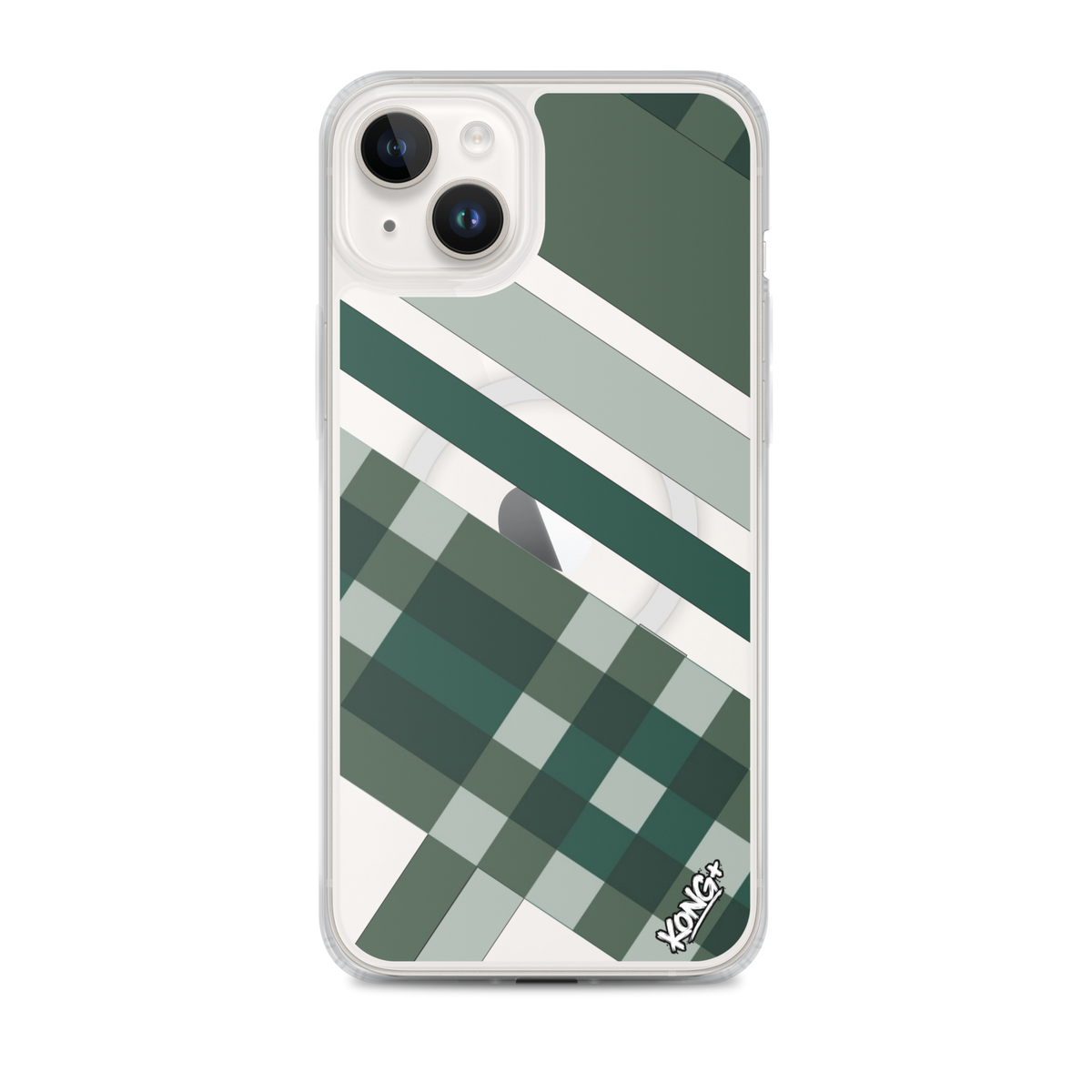 KONG+ Evergreen Plaid MagSafe iPhone case featuring forest green, sage, black and grey diagonal stripes with a geometric check pattern.